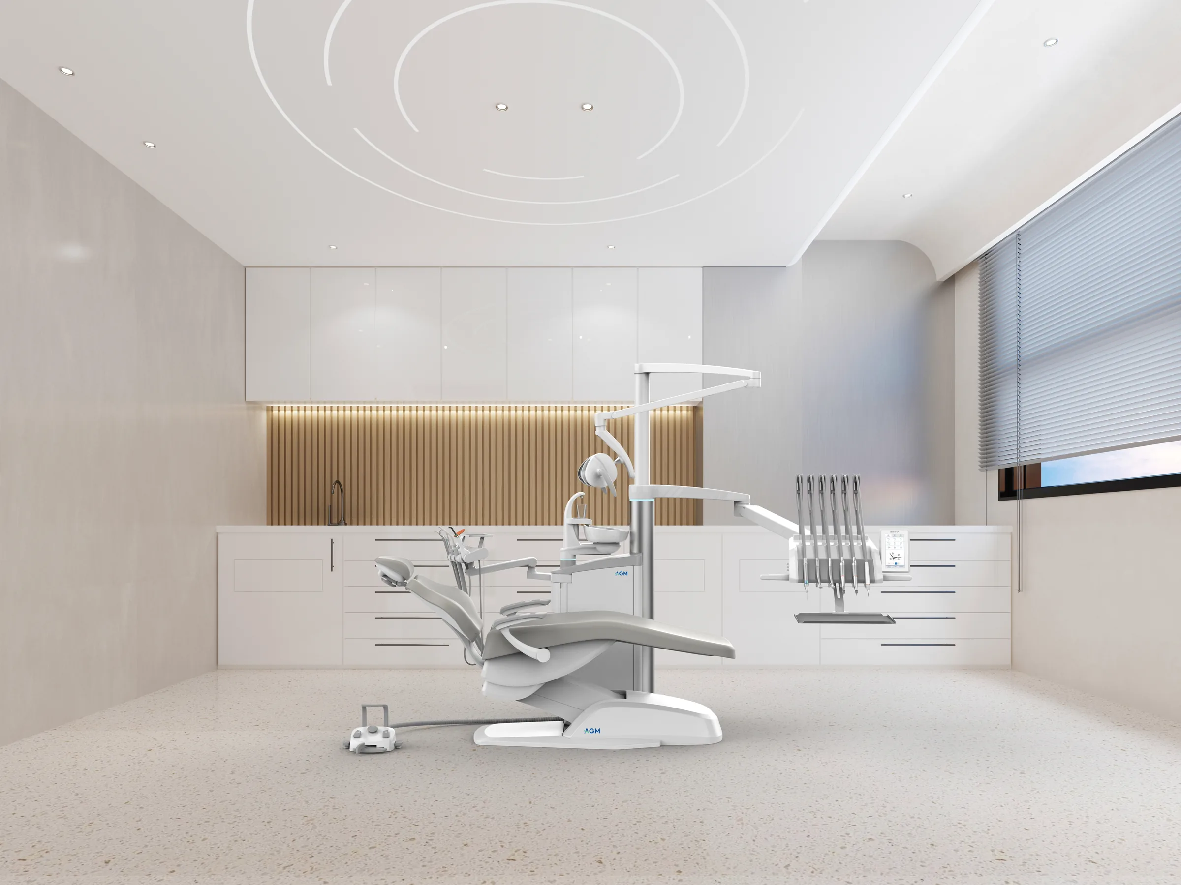 Unidad dental AGM S7 en un gabinete luminoso, con paredes blancas y panel de madera