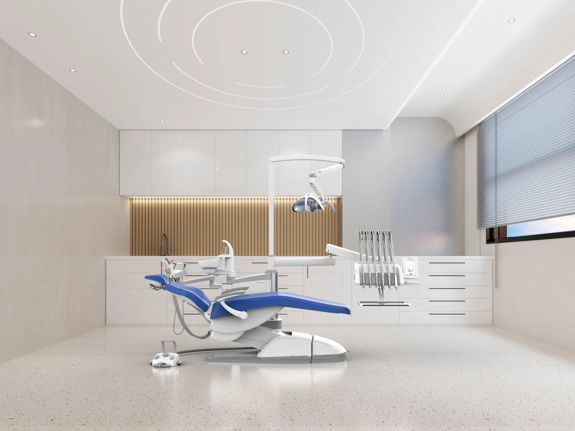 Sillón dental AGM 8000C S3 PRO instalado en un gabinete luminoso