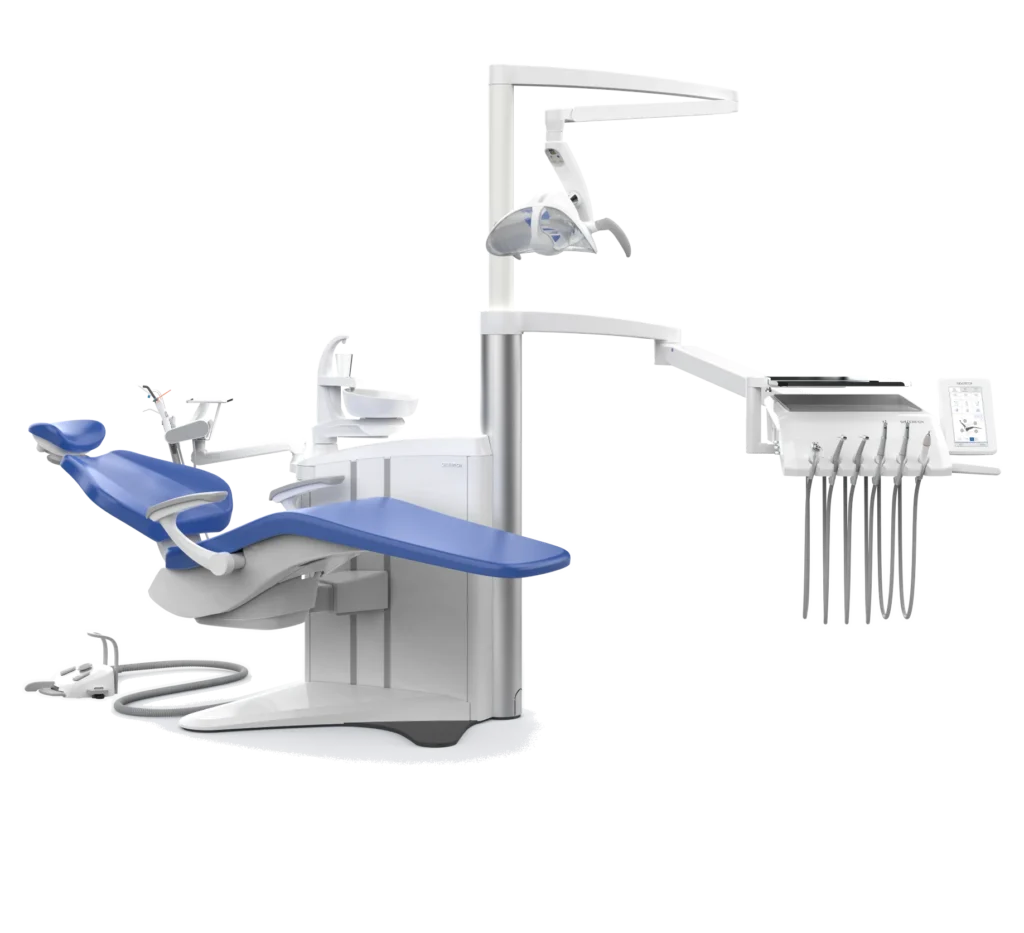 Sillón dental AGM S8 visto de lado, con la tapicería azul