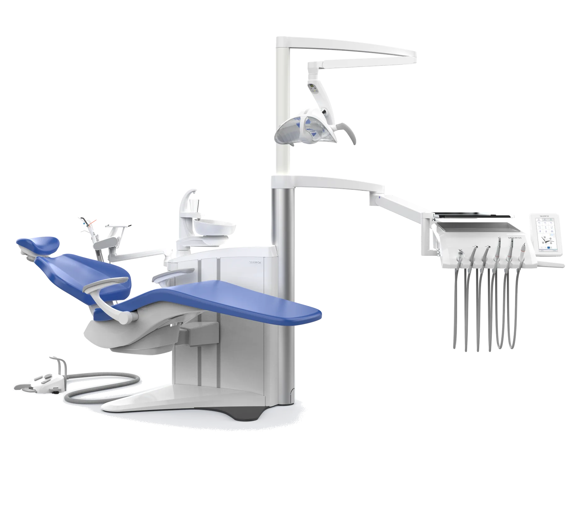 Sillón dental AGM S8 visto de lado, con la tapicería azul