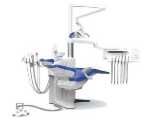 Sillón dental AGM S8 en vista de tres cuartos, con lámpara, bandeja de instrumentos y pantalla táctil