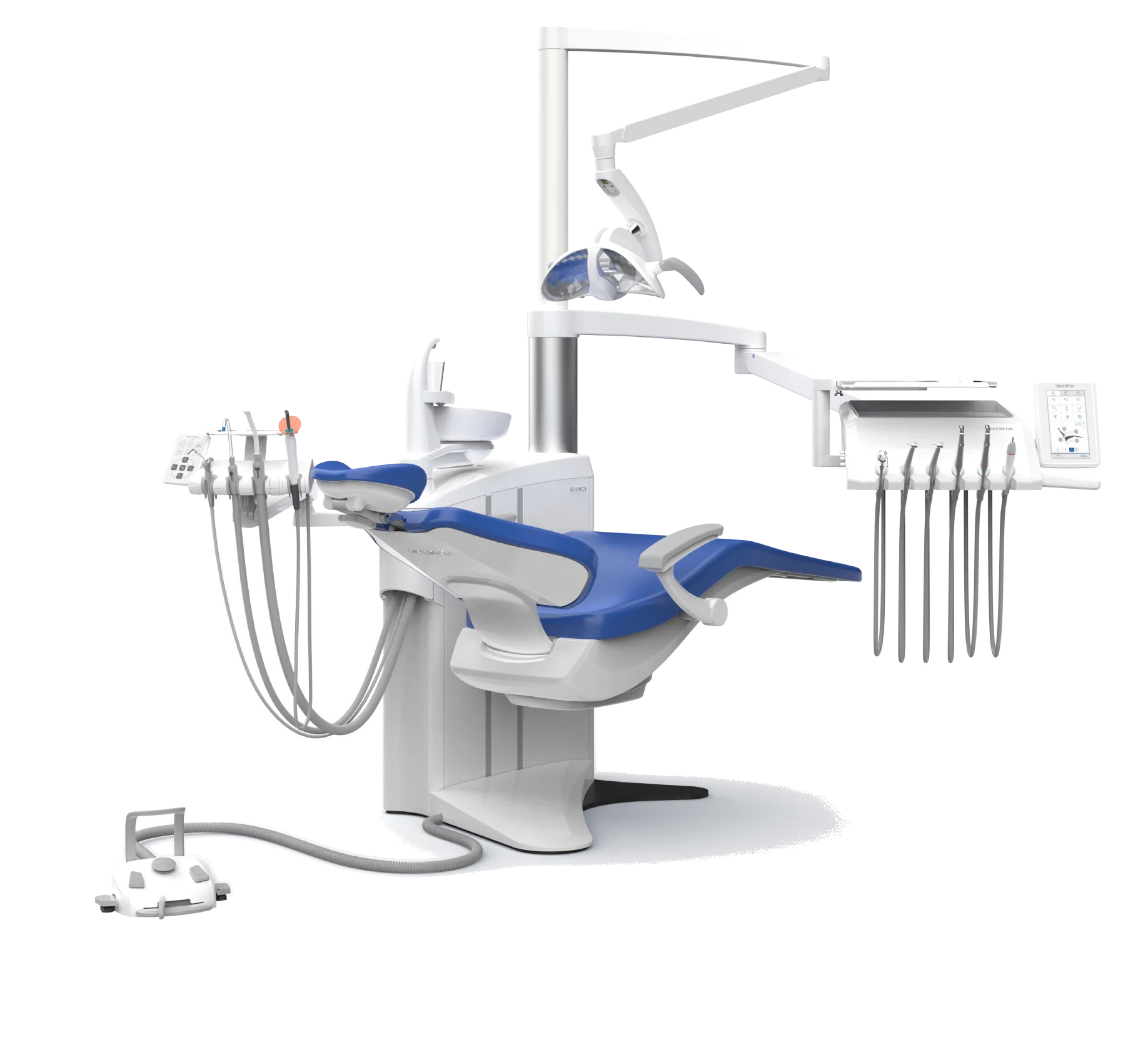 Sillón dental AGM S8 en vista de tres cuartos, con lámpara, bandeja de instrumentos y pantalla táctil